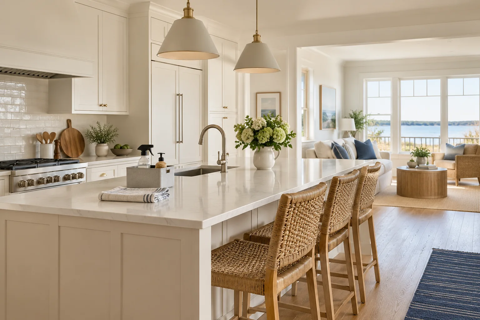 Sunlit coastal home interior with natural textures and a calm, uncluttered setting