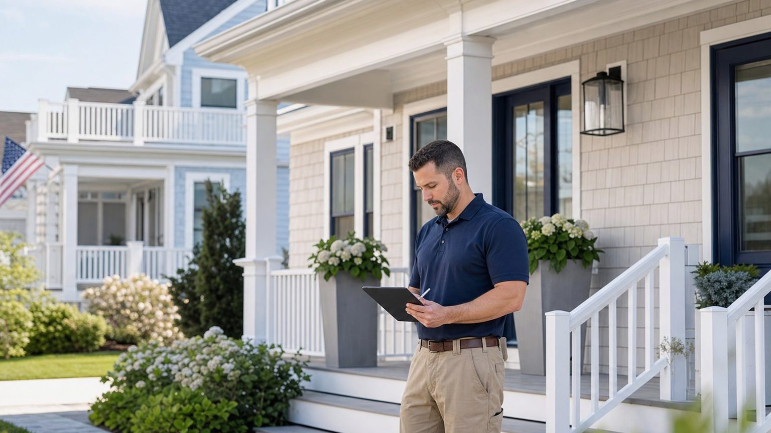 Property care professional checking a bright Long Beach Island shore home exterior