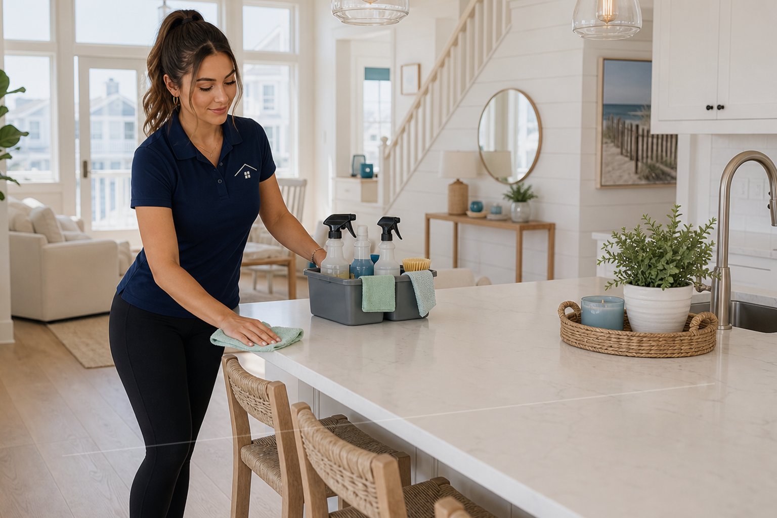 Adult Haven Care cleaning professional in a navy uniform preparing a bright Beach Haven coastal home for rental turnover