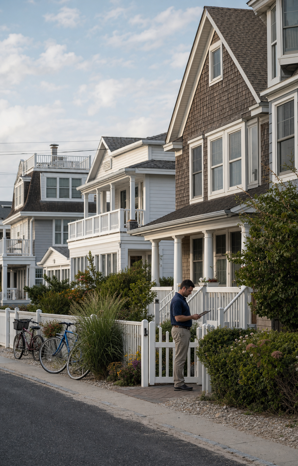 Closely spaced cedar-shingle and clapboard homes on a typical Beach Haven block while a local property-care professional reviews a request by a front gate