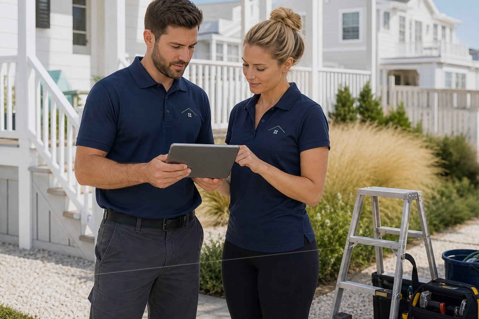 Haven Care service professionals coordinating electrical trade work outside a Long Beach Island style home