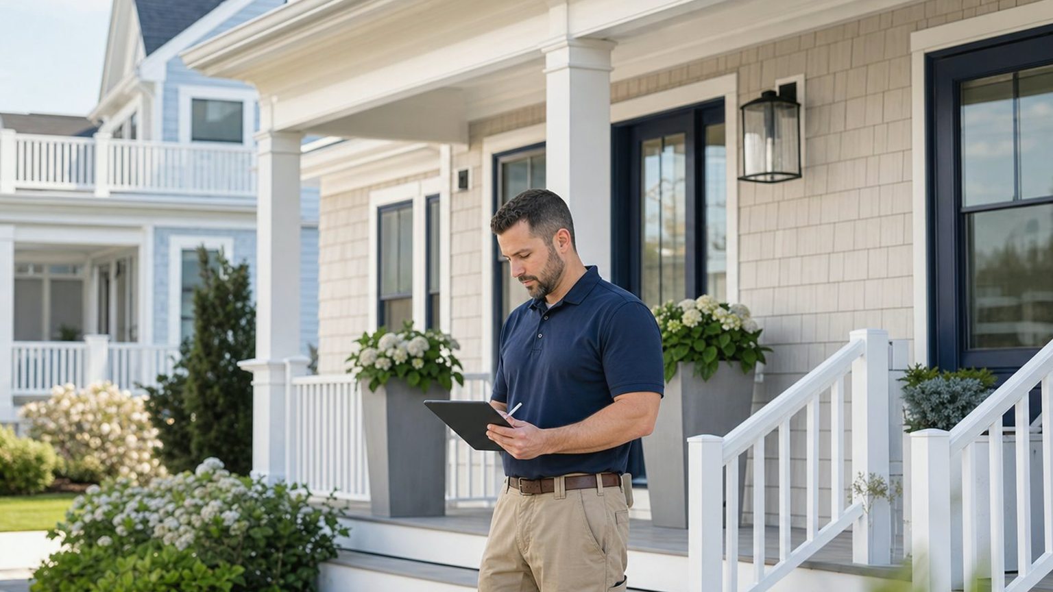 Property care professional checking a Long Beach Island home exterior