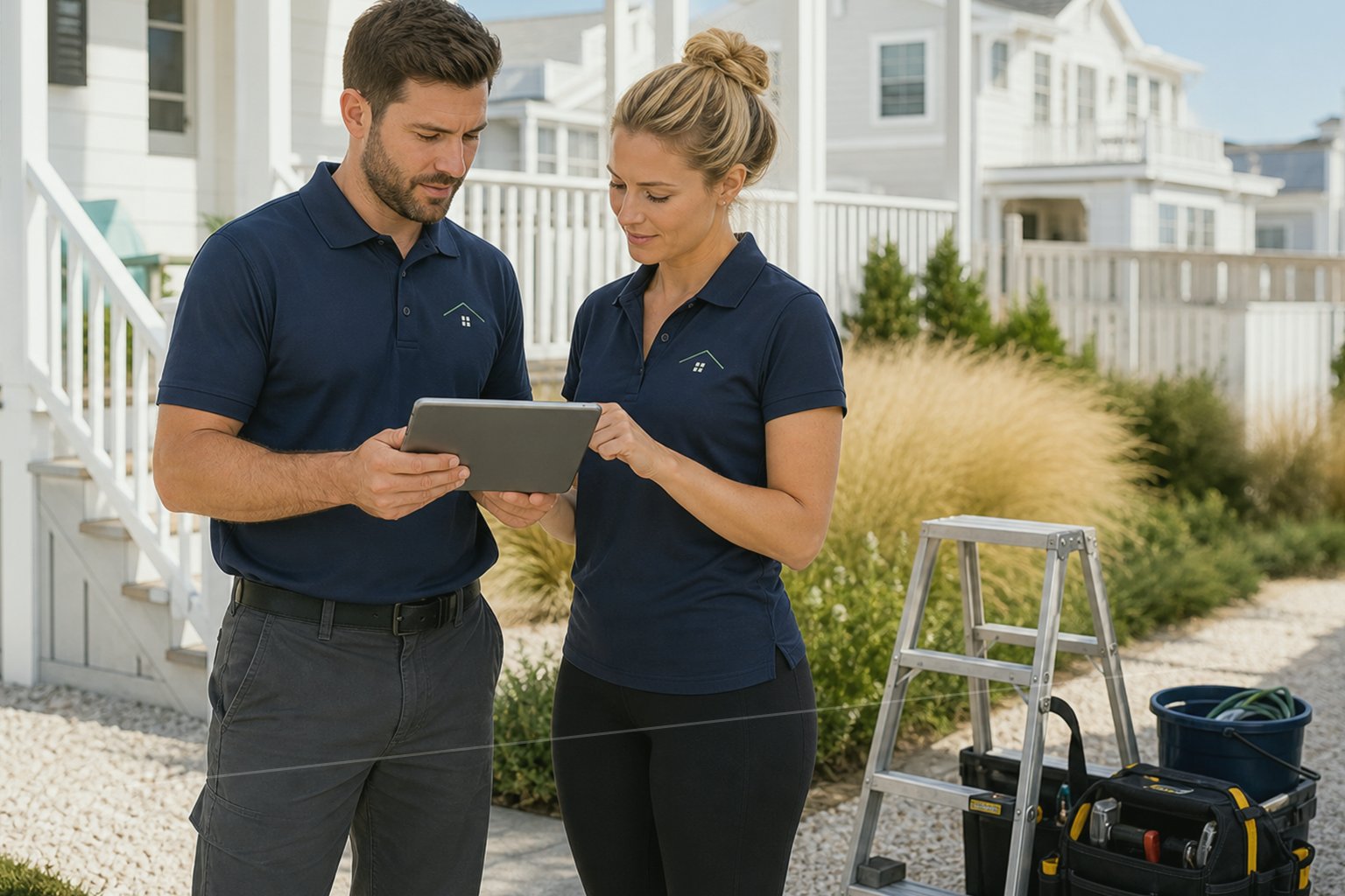 Haven Care property care professionals reviewing irrigation and outdoor maintenance needs at a coastal home