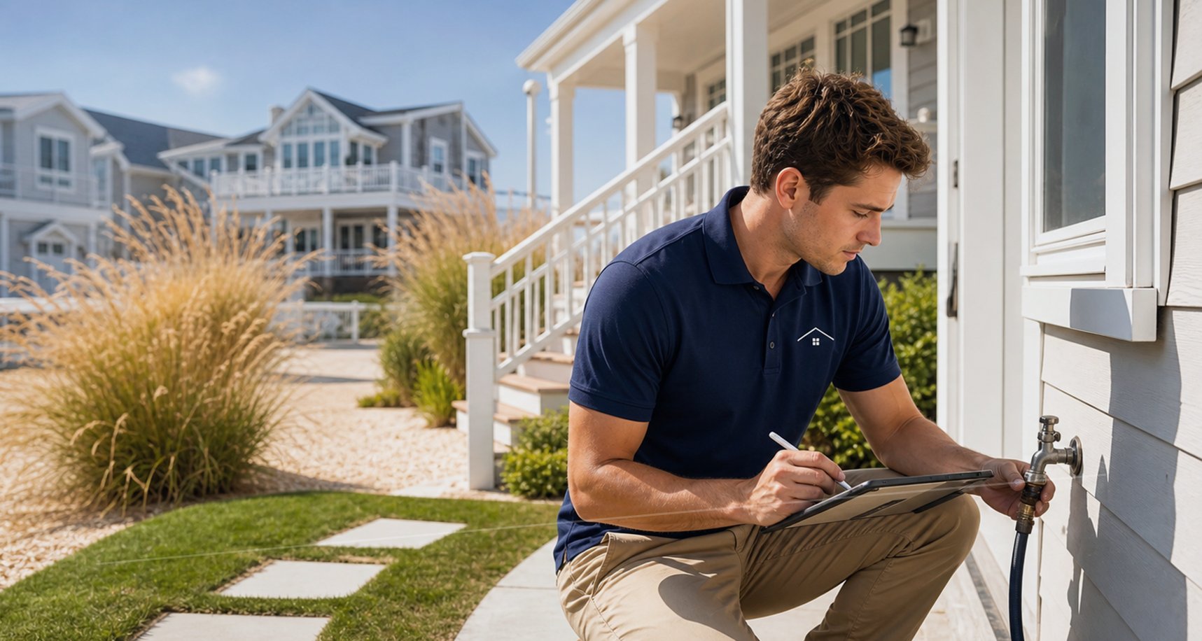 Haven Care property professional documenting exterior maintenance at a Long Beach Island style shore home
