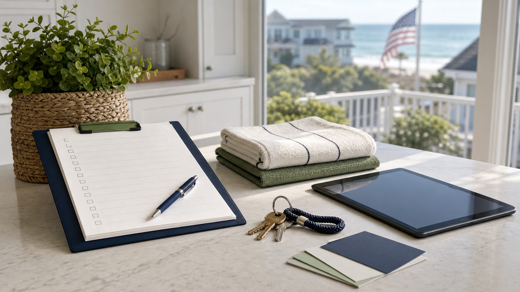Memorial Day week shore home readiness checklist with keys towels and planning notes inside a bright coastal home