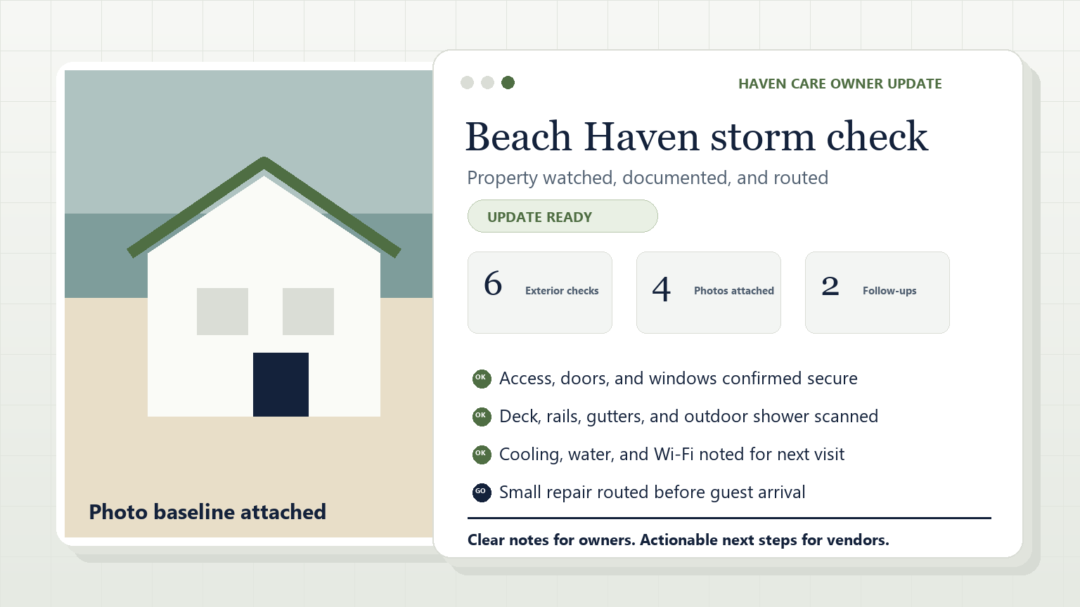 Sample Haven Care owner update report showing a Beach Haven storm check, photo baseline, exterior checks, attached photos, and repair routing