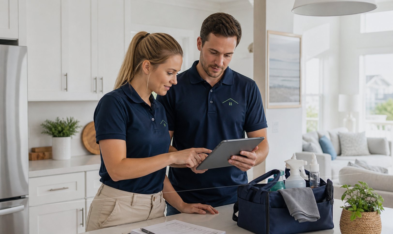 Haven Care property care professionals reviewing vendor coordination on a tablet in a bright coastal home