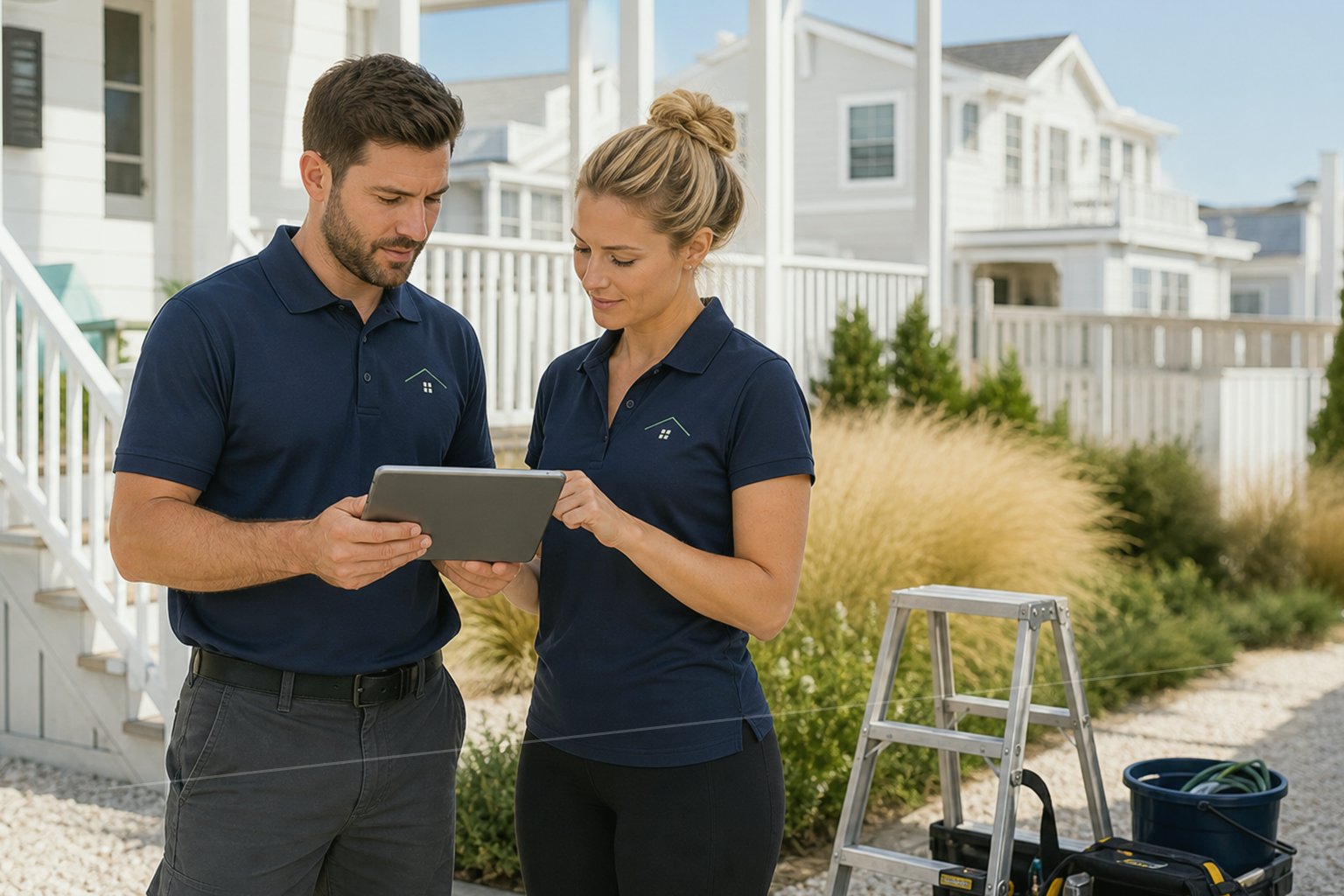 Haven Care service professionals planning plumbing trade maintenance for a coastal property