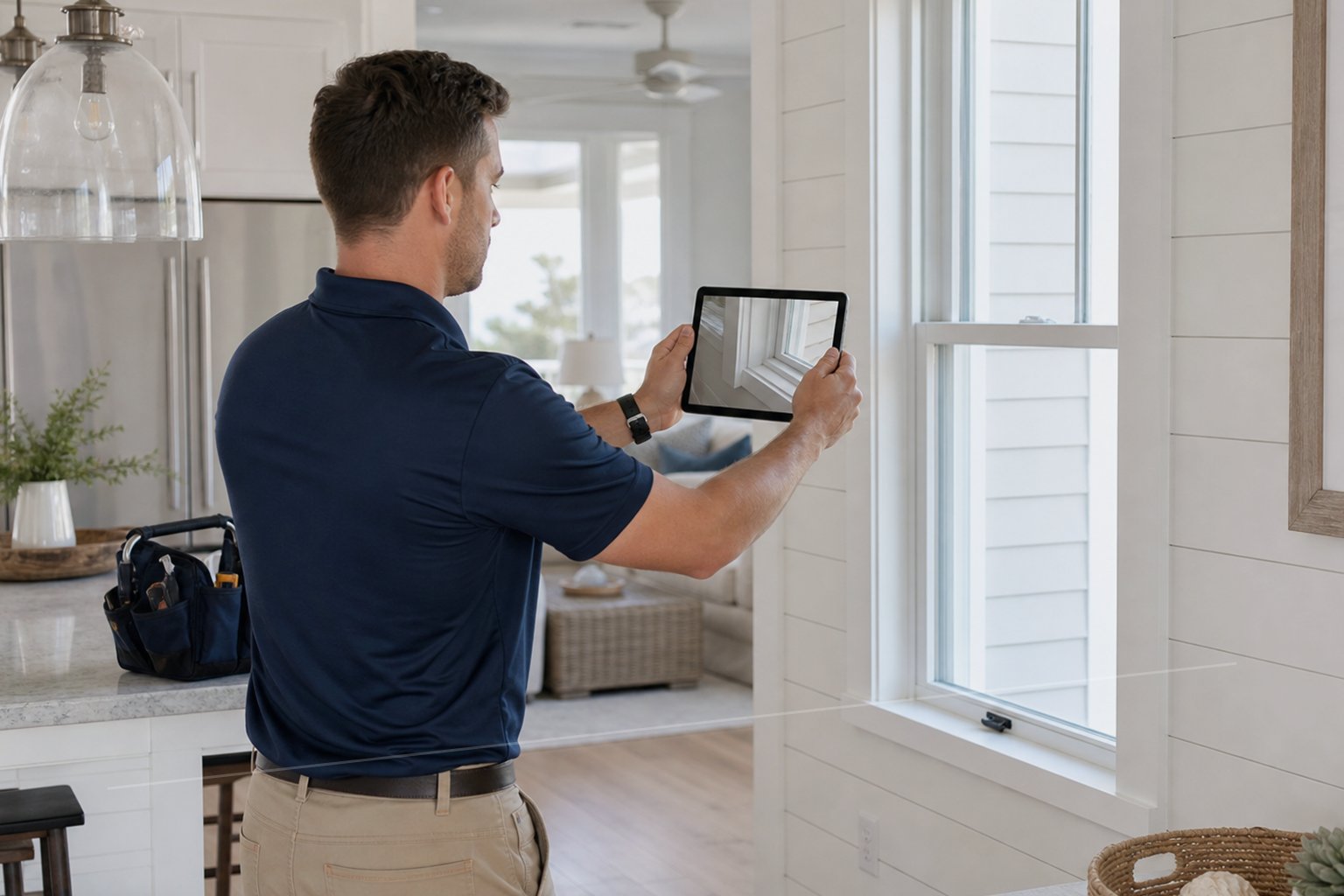 Haven Care property professional documenting a maintenance issue inside a coastal rental home