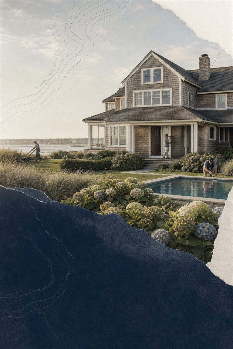 Conceptual paper collage of a coastal home with lawn, garden, and pool care
