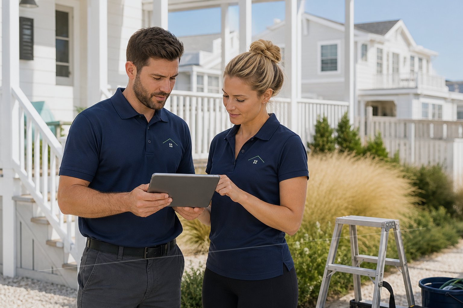 Haven Care property care professionals reviewing exterior roofing and specialty trade needs at a shore home