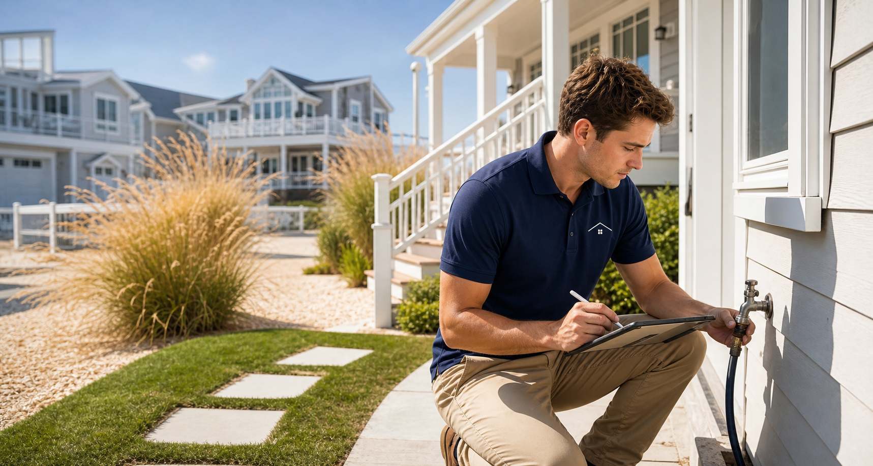 Haven Care property professional checking a Beach Haven style coastal home for maintenance needs