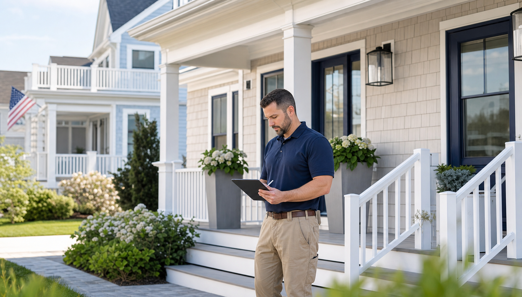 Property care professional checking a bright Long Beach Island shore home during seasonal opening