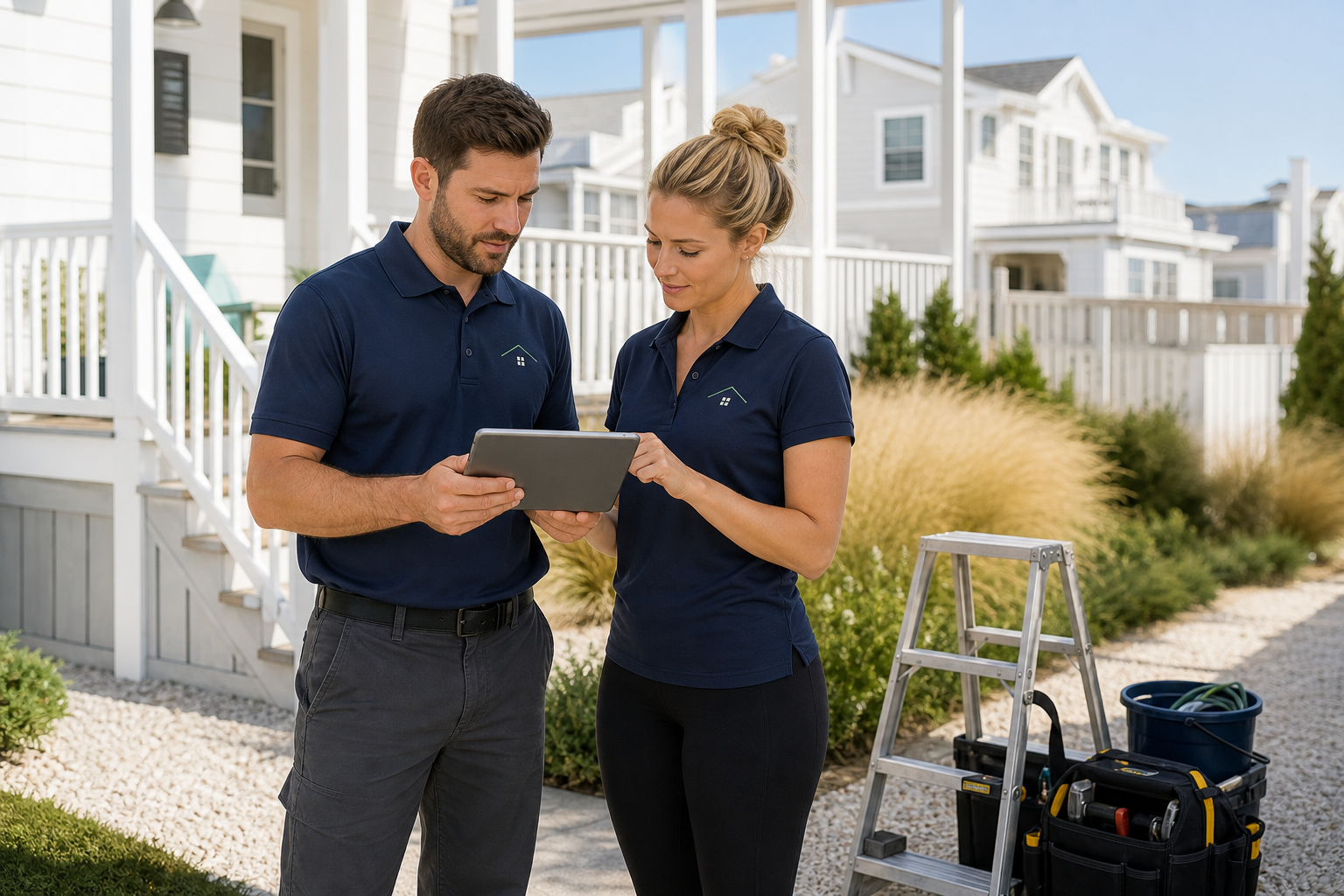 Haven Care property care professionals reviewing maintenance work outside a coastal shore home