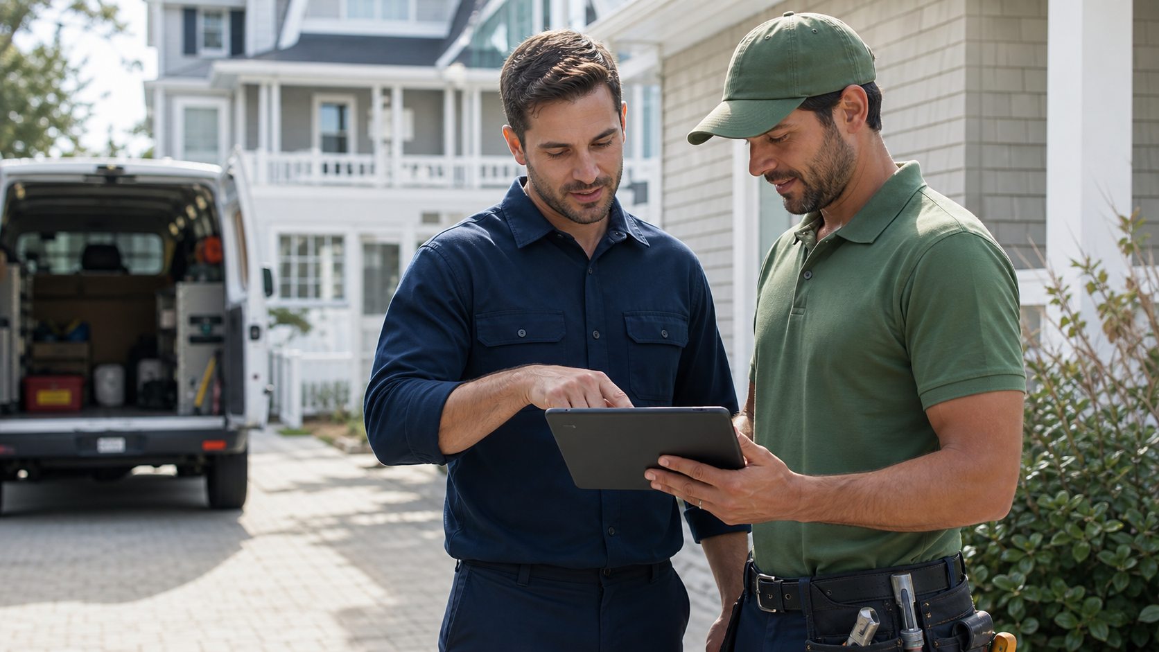 Local property care vendor documenting a service visit with notes and photos outside an LBI home