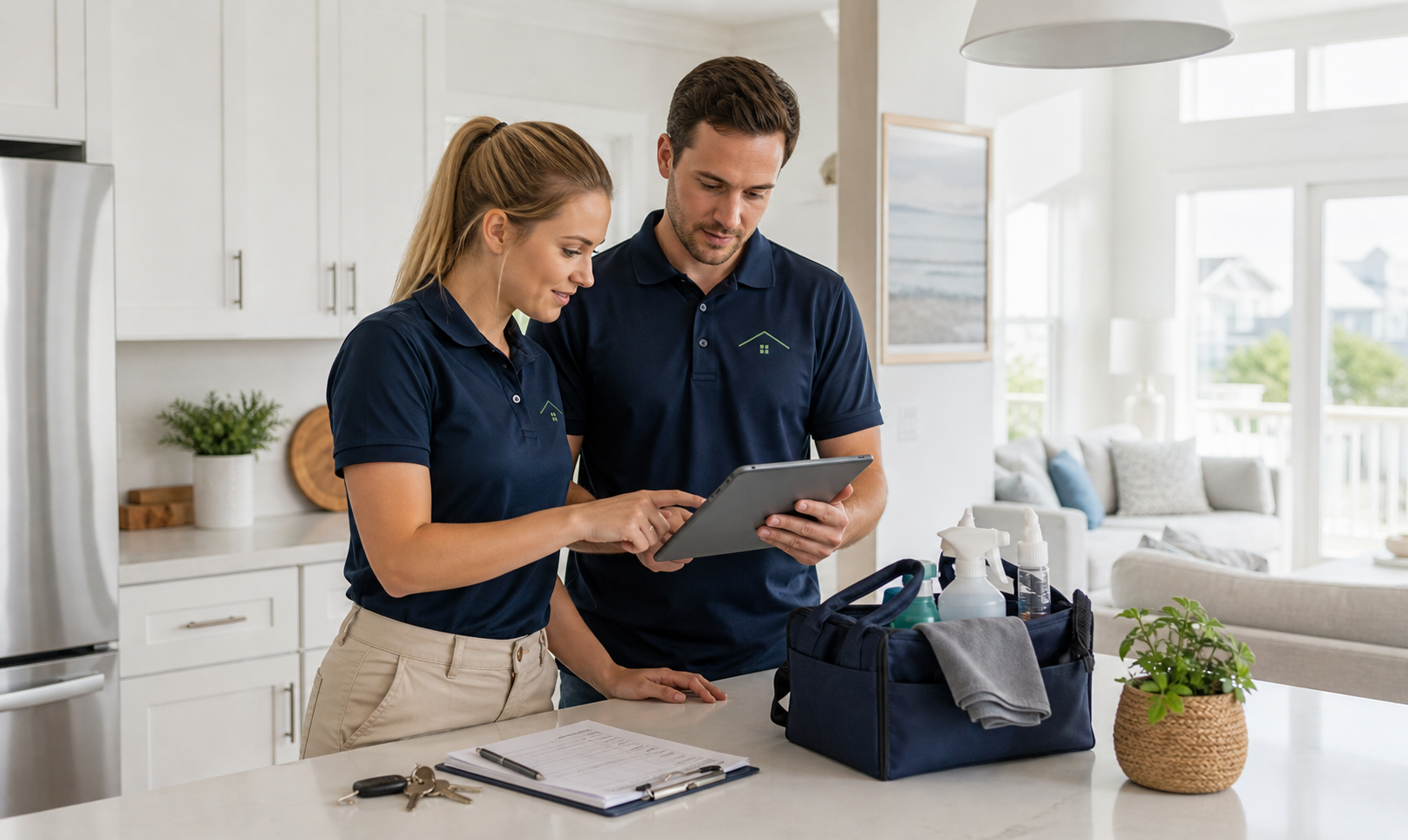 Haven Care property care professionals reviewing vendor coordination on a tablet in a bright coastal home