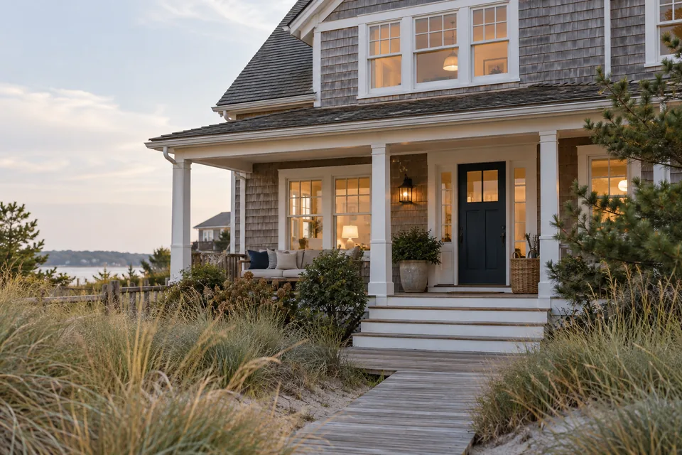 A cedar-shingle shore home with warm windows and coastal grasses in soft autumn light